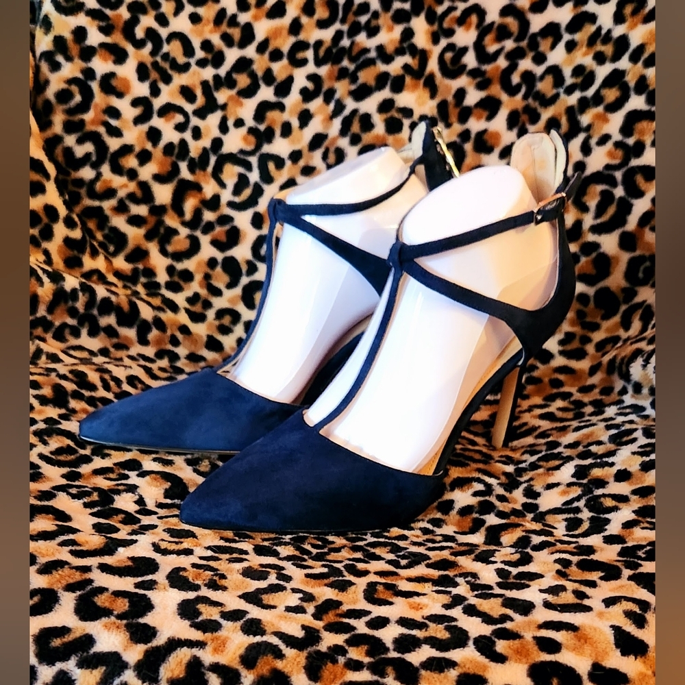 Nine West Teresa T-Strap Pumps in Navy Suede - Picture 10 of 16